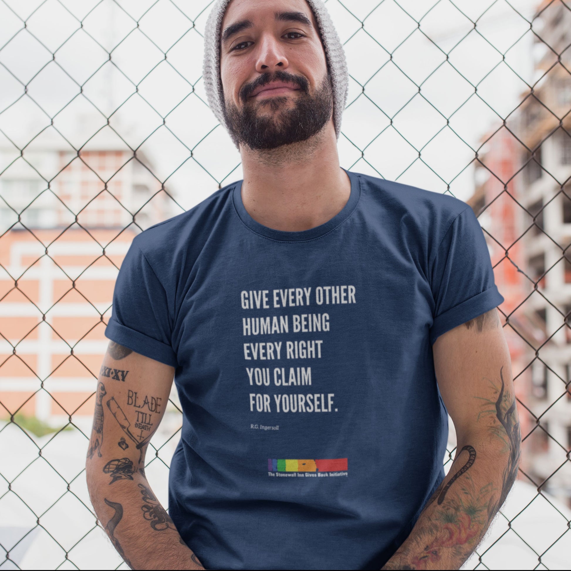 "Give Every Other Human Being Every Right You Claim For Yourself" LGBTQ+ Support short sleeve tee in Heather Blue