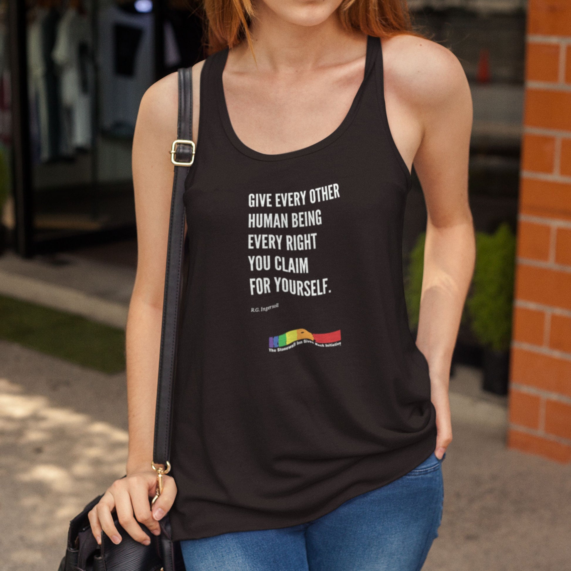 "Give Every Other Human Being Every Right You Claim For Yourself" LGBTQ+ Support Flowy Tank in Black