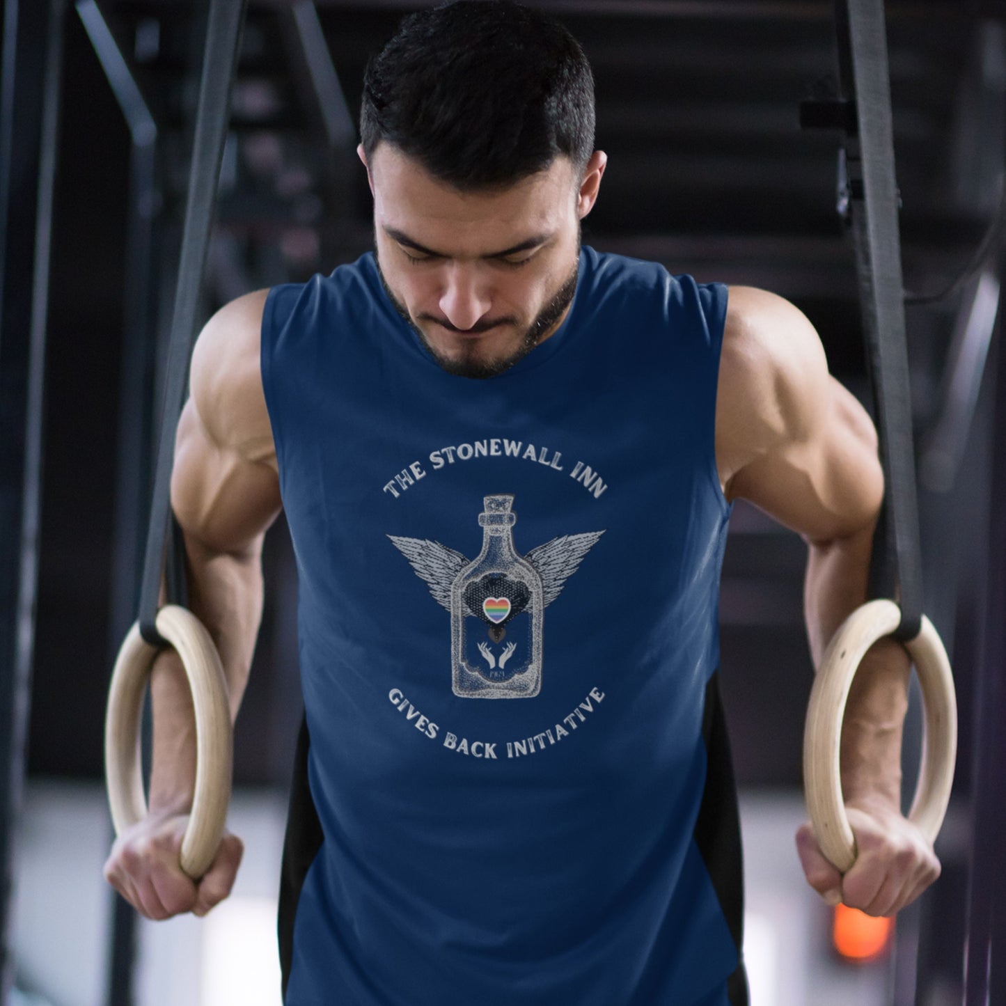 The Stonewall Inn Gives Back Initiative Tattoo Wings Muscle Tank in Blue