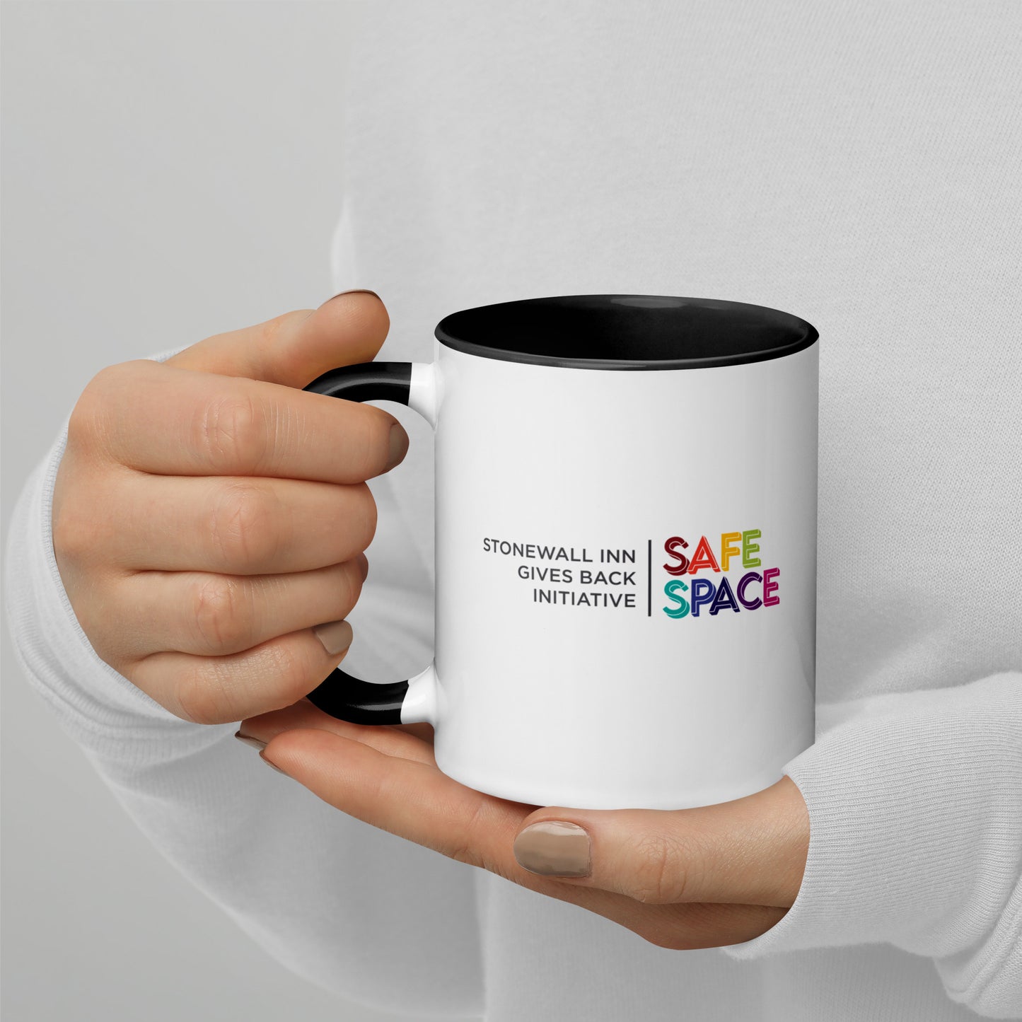 Safe Space Stonewall Inn Gives Back Initiative Mug with Black handle and inside
