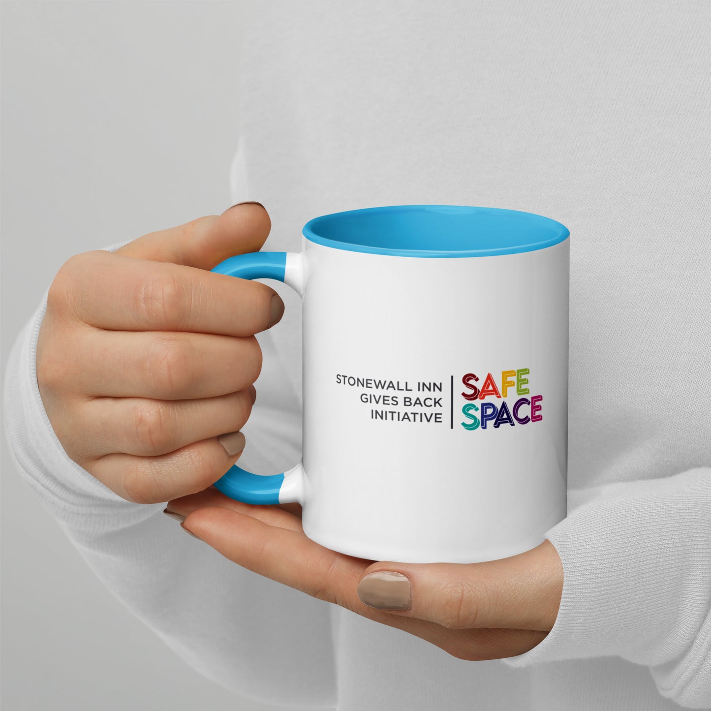 Safe Space Stonewall Inn Gives Back Initiative Mug with Blue handle and inside