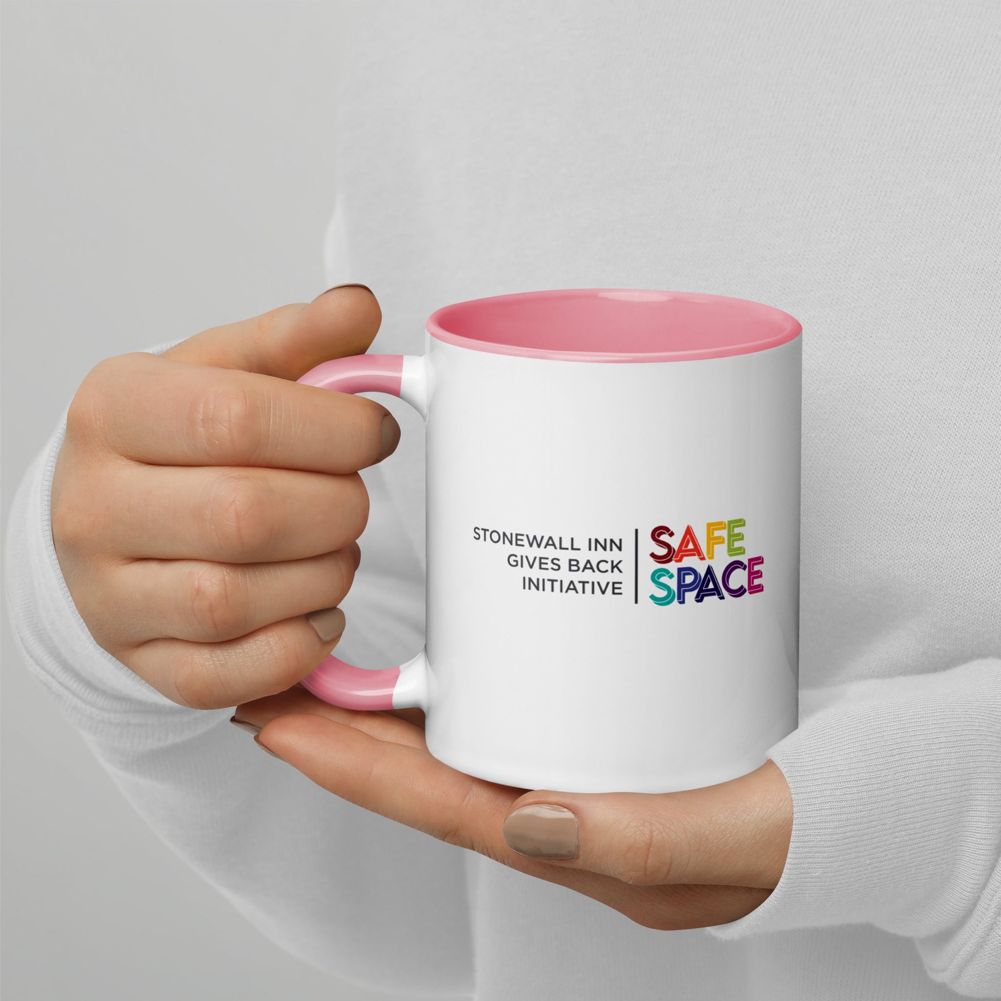 Safe Space Stonewall Inn Gives Back Initiative Mug with Pink handle and inside